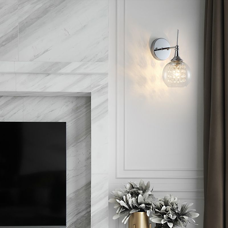 1 Bulb Globe Wall Lamp Contemporary Clear Glass Wall Sconce with Inner Crystal Strand in Chrome Finish