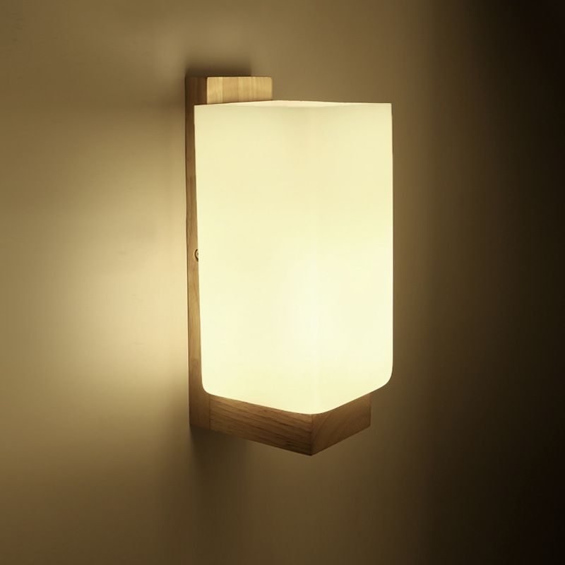 Wooden Rectangular Wall Sconce in Modern Minimalist Glass 1-Light Wall Lamp for Bedroom