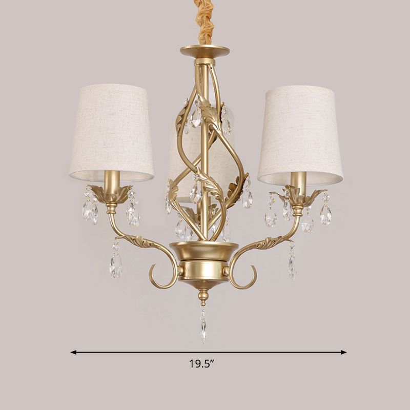Cone Fabric Chandelier Light Classic 3 Lights Living Room Pendant Lighting in White with Crystal