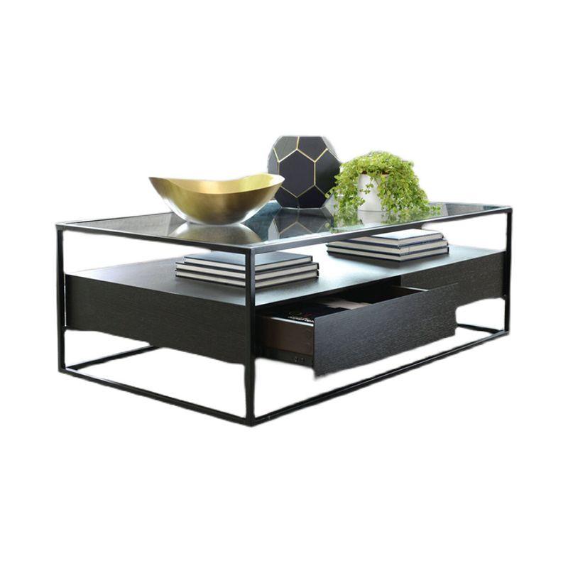 17.7" H Modern Rectangle Glass Coffee Table Metal Frame Cocktail Table with Storage