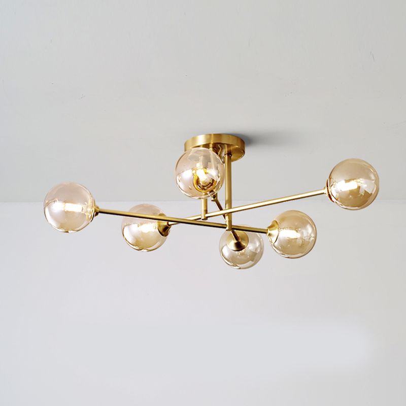 Gold Globe Semi-Flush Light Fixture Modern Glass Shade Ceiling Lamp Fixture