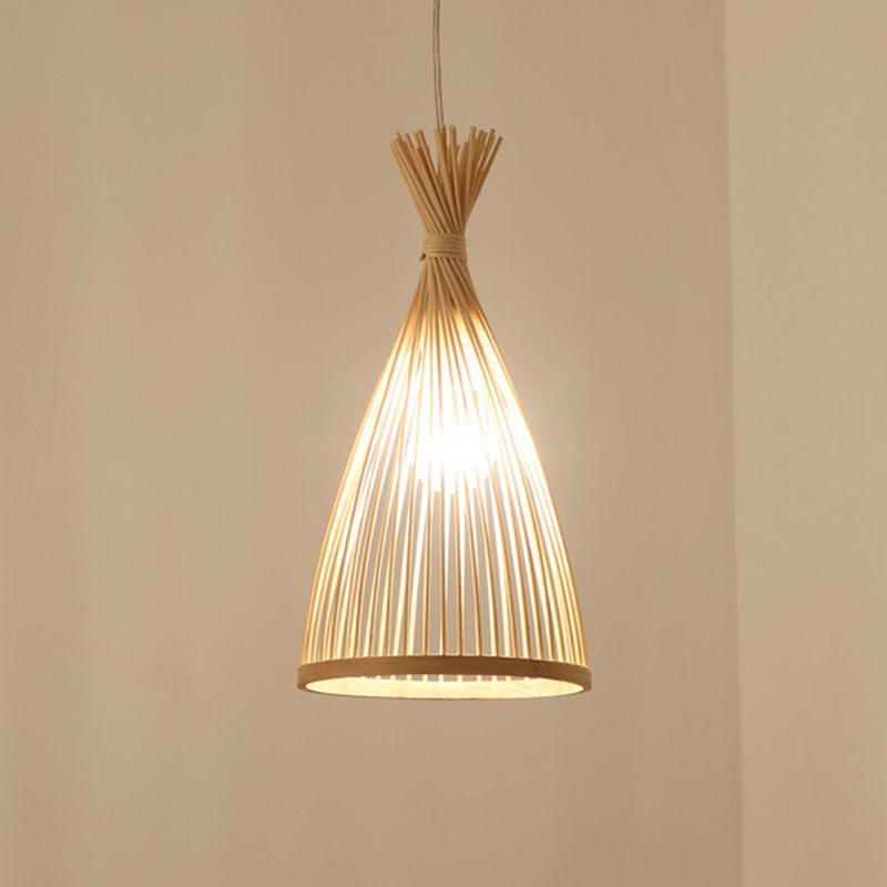 Bamboo Conical Pendant Lamp Japanese Style 1 Head Ceiling Hang Light for Tea Room