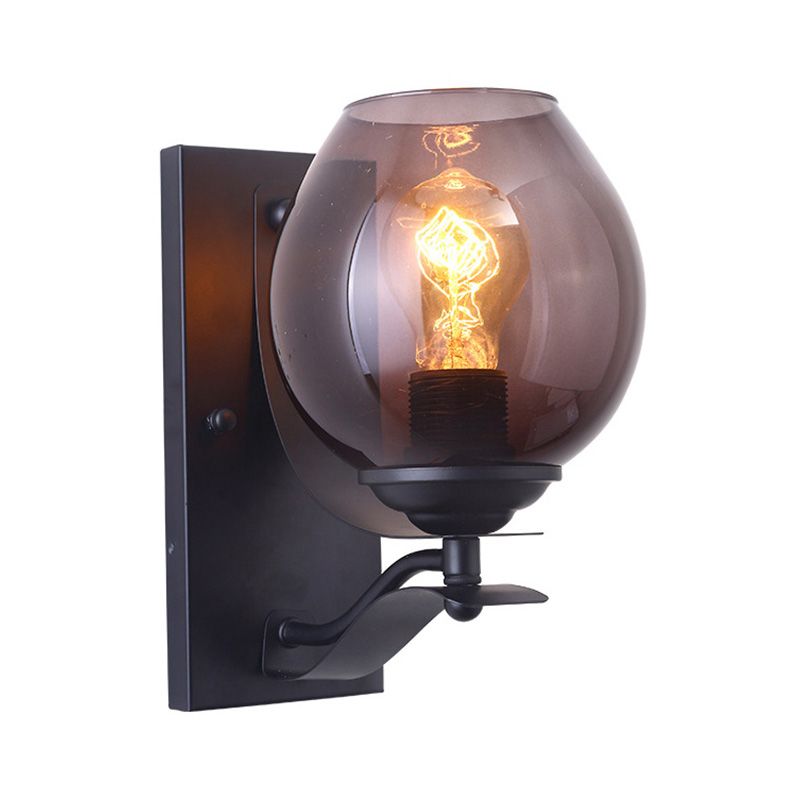 One Light Wall Sconce Lighting with Orb Shade Grey Glass Industrial Coffee Shop Light Fixture in Black