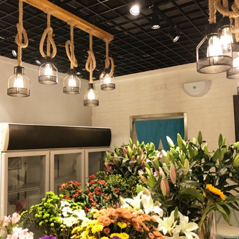 Wooden Linear Island Lamp Rustic Restaurant Suspension Pendant Light with Mesh Cage