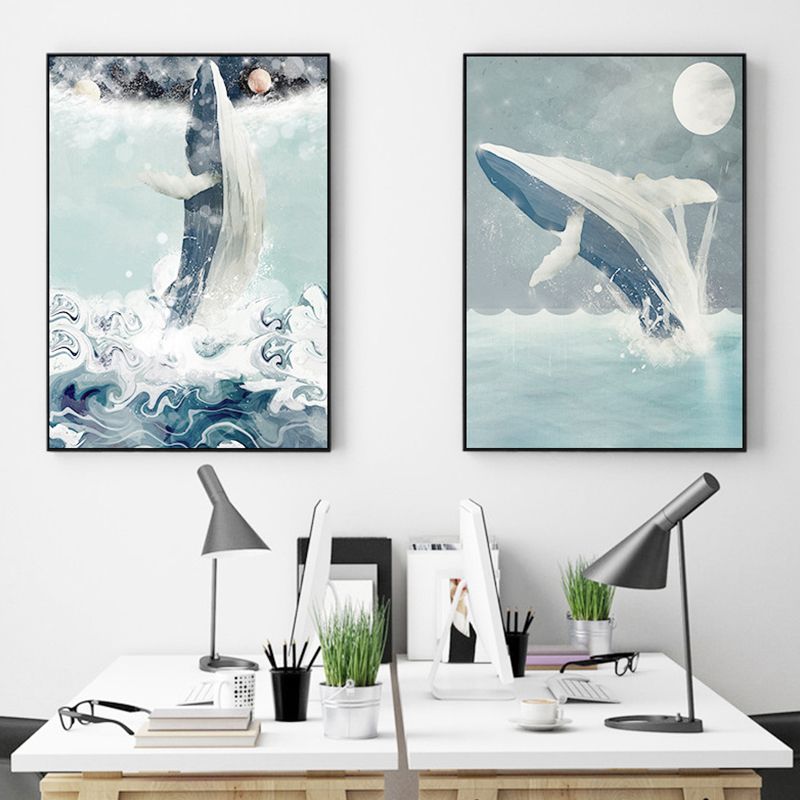 Kids Jumping Dolphin Wall Art Boy Bedroom Canvas Print in Green (Multiple Size Options)