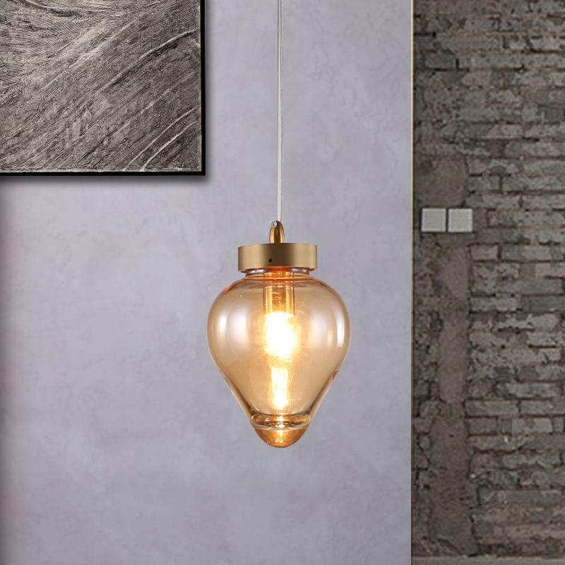 Gold Urn Pendant Lamp Modernist 1 Head Amber Glass Suspension Light for Dining Room