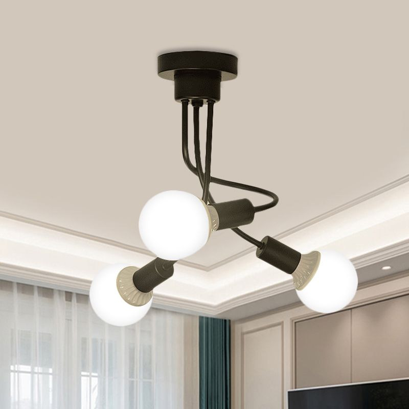 Black Curbe Metal Arms Semi-plafond Lightture Simple 3/5 Lights Black Plafond Mount Chandelier pour salle à manger