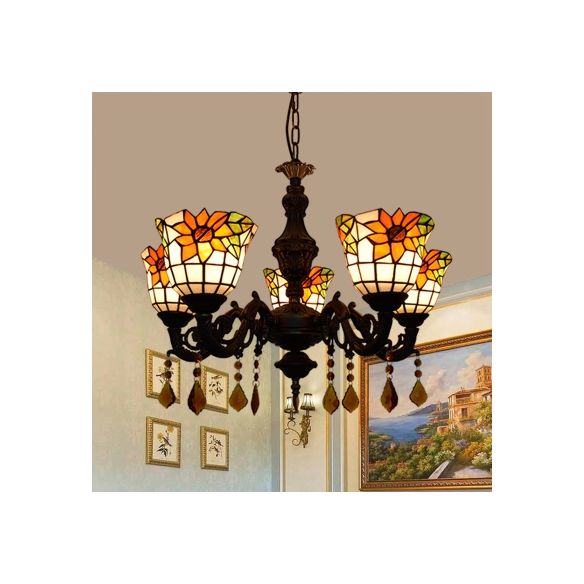 Lampadario a campana Tiffany colorato in vetro a 5 luci sospensione decorativa lampada con motivo di girasole