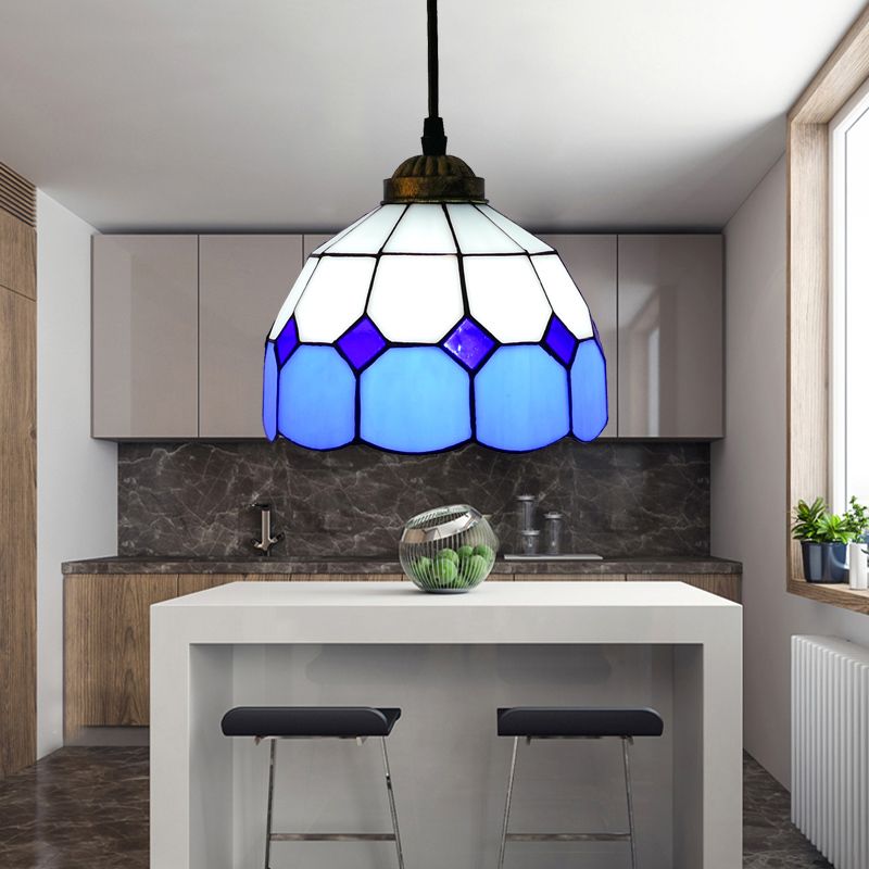 Single-Bulb Ceiling Light Vintage Scalloped Dome Stained Glass Hanging Pendant Light