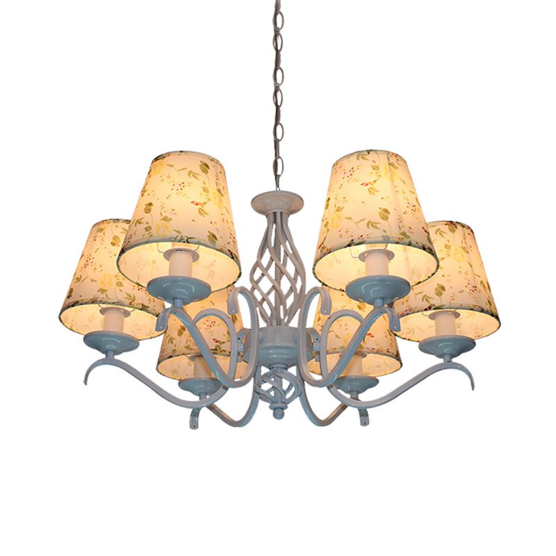Light Blue 6 Heads Chandelier Light Traditionalism Fabric Conical LED Suspended Lighting Fixture