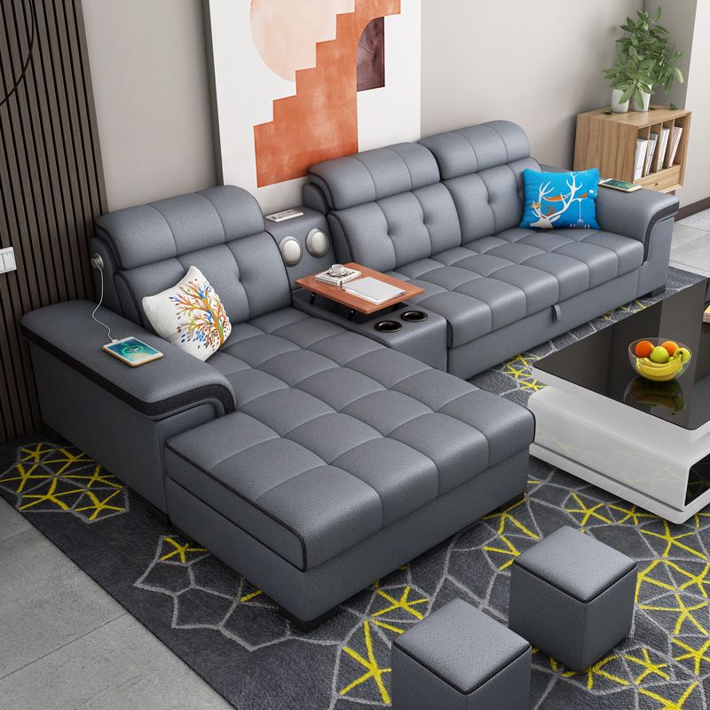 Sewn Pillow Back Sectional Convertible Grey Sofa Bed with Adjustable Headrest