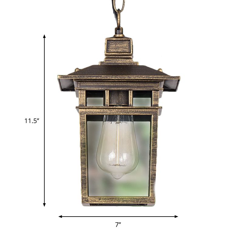 Industrial Lantern Hanging Lighting Metal and Clear Glass 1 Light Black/Bronze/Gold Outdoor Pendant Lamp for Porch
