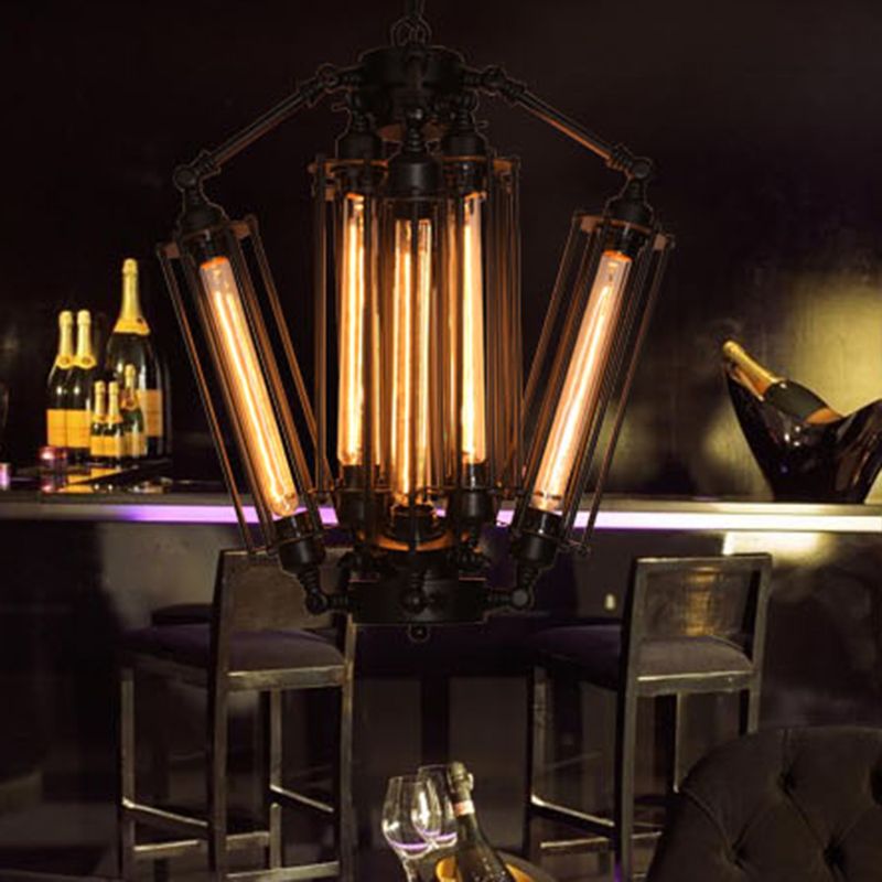 Black 8-Light Pendant Light in Industrial Retro Style Wrought Iron Linear Hanging Lamp