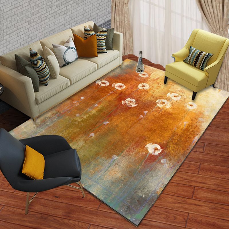 Orange Contemporary Rug Polyester Abstract Ombre Rug with Flower Washable Area Rug for Bedroom