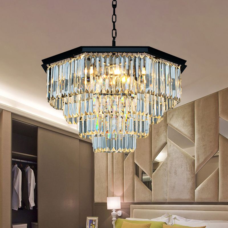 4 Tiers Living Room Suspension Pendant Traditional Clear/Amber Three Sided Crystal Rod 11 Heads Chandelier Light