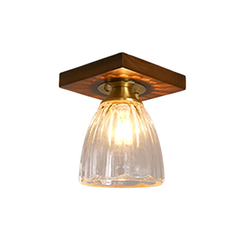 Modern Wood Ceiling Light Geometric Shape Flush Mount with Glass Shade for Living Room