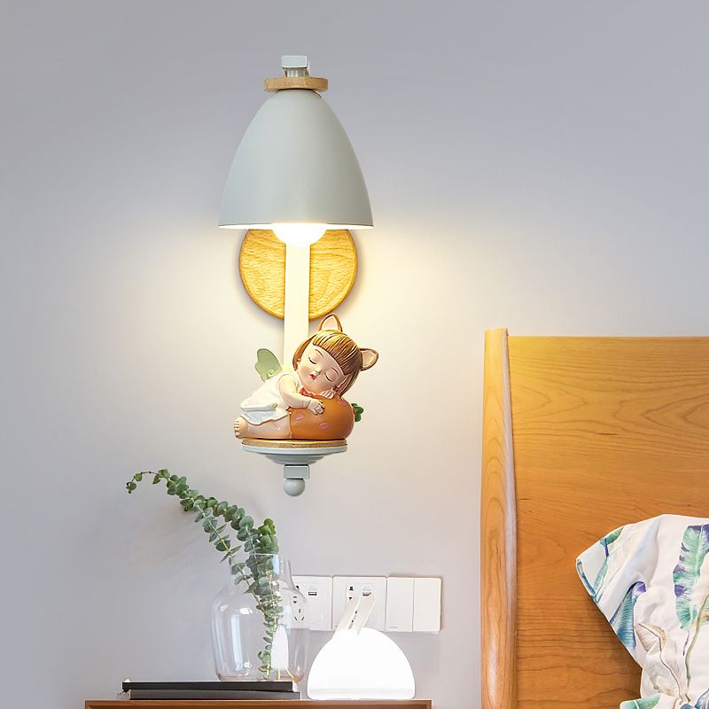 Metallic Cone Wall Lamp Nordic Style 1 Bulb White Wall Light Fixture with Figurine Decor for Kids Bedroom
