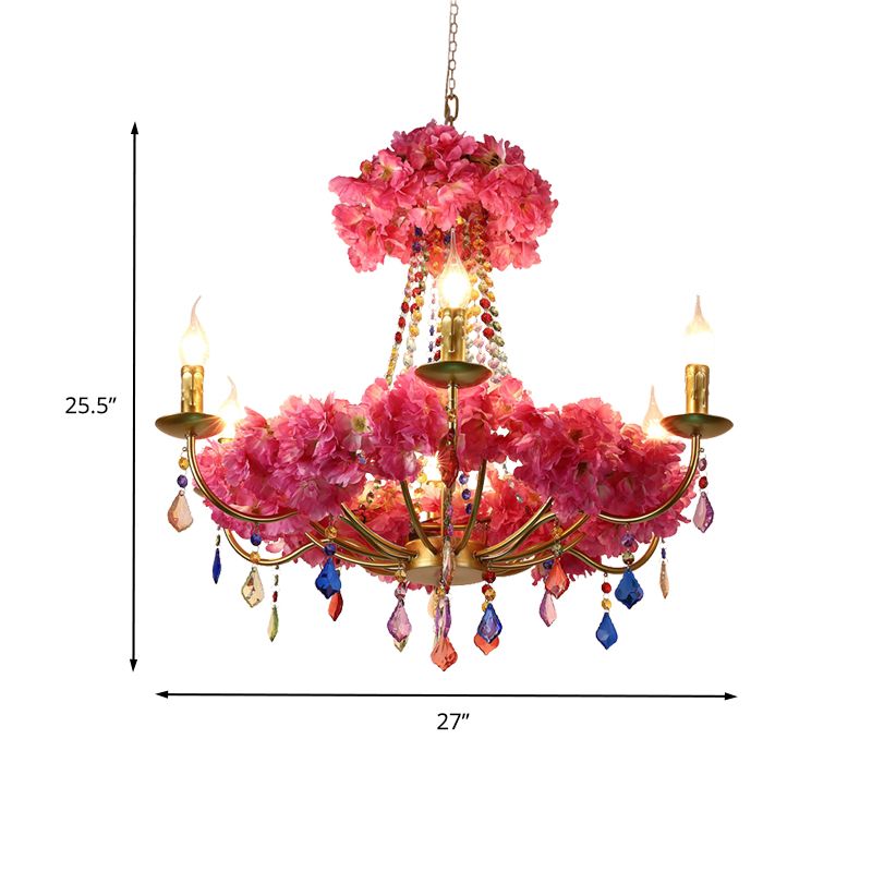 La lampe de lustre à fleur rose métallique candélabre 6 bulbes antique LED suspendu plafond plafond avec cristal pendante