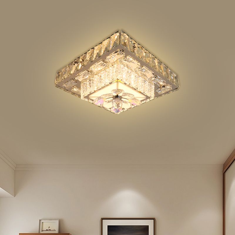 Clear Beveled Crystal Blocks Square Flushmount Contemporary LED Corridor Ceiling Lamp in Stainless-Steel