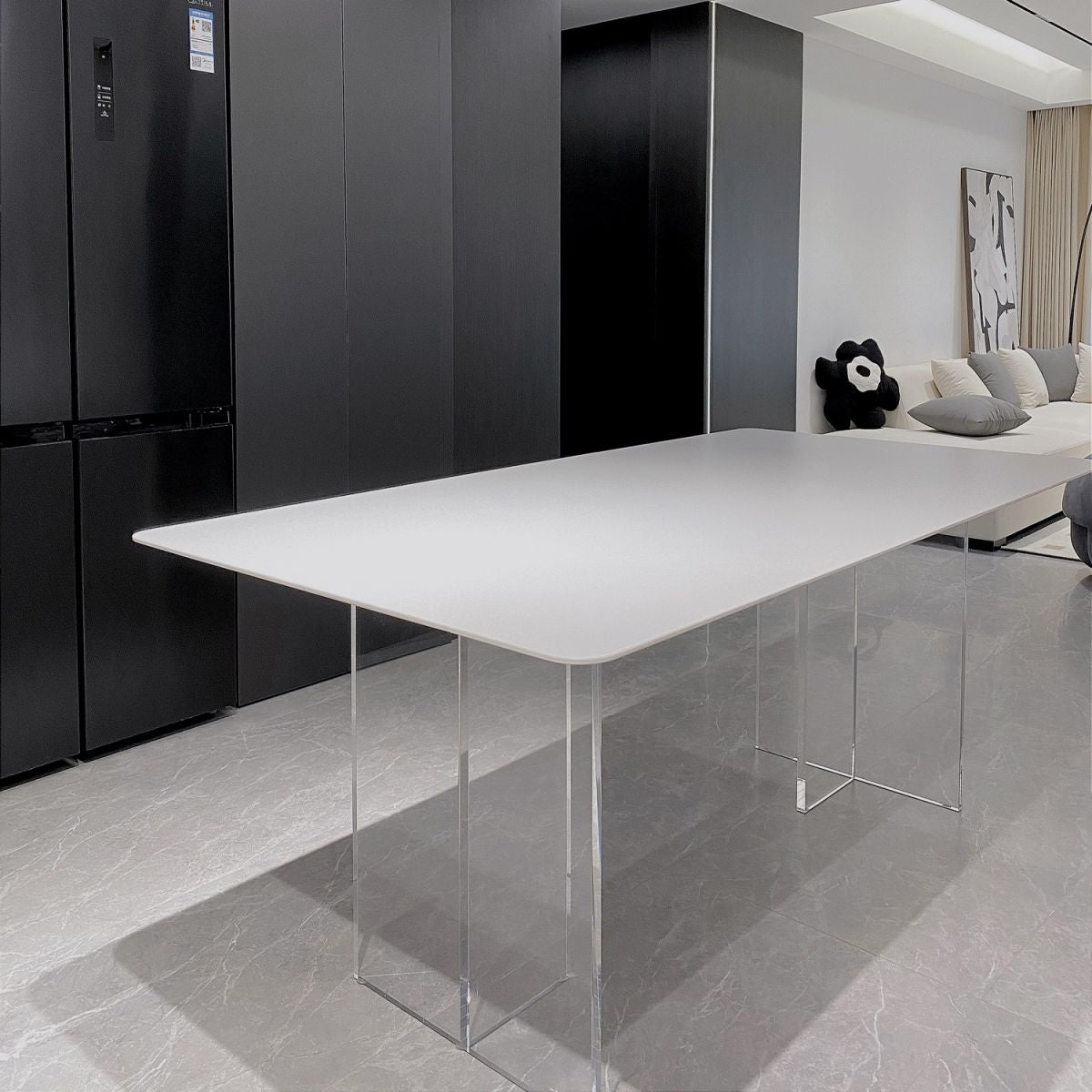 Contemporary White Rectangular Stone Dining Table with Acrylic Base