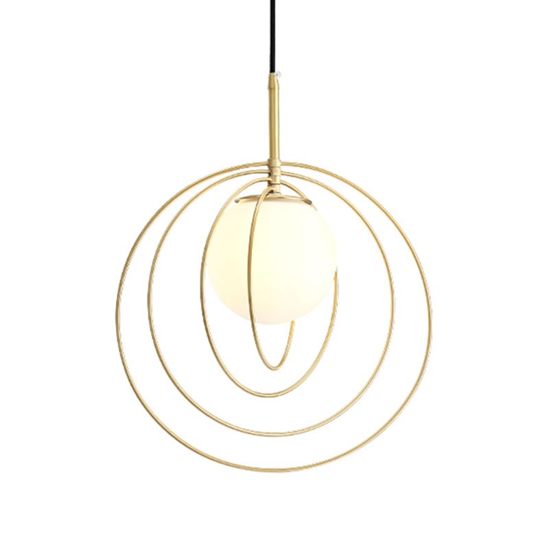 Moveable Wire Cage Pendulum Light Simple Novelty Metal 1 Bulb Gold Hanging Pendant with Ball Opal Glass Shade