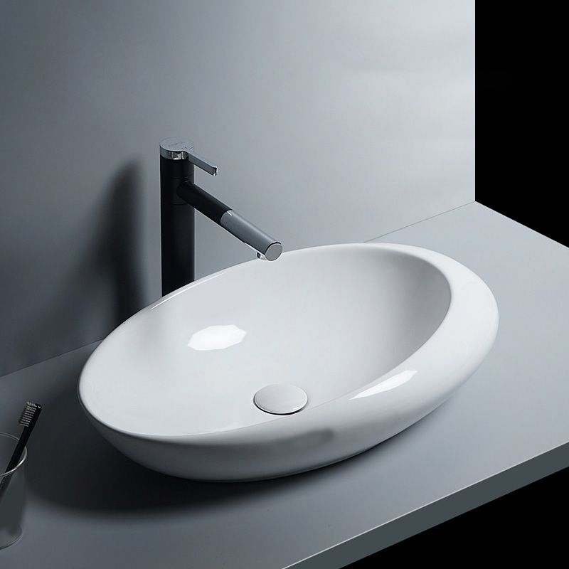 Modern Bathroom Sink Porcelain Oval-Shape Vessel Bathroom Sink with Pop-Up Drain