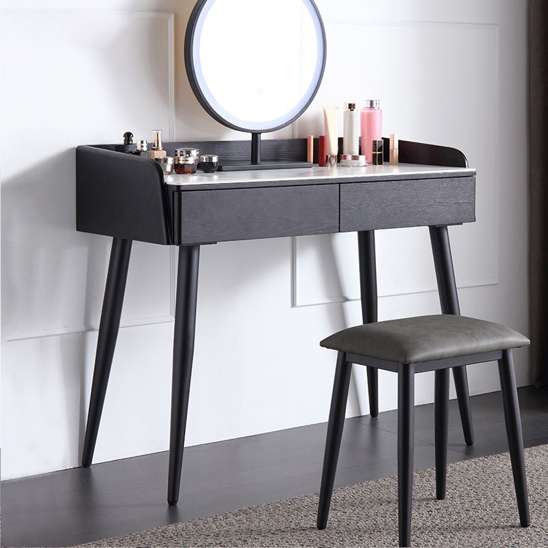 Contemporary Stone Makeup Dressing Table 33.5" H 2 Drawers Vanity Table in Black