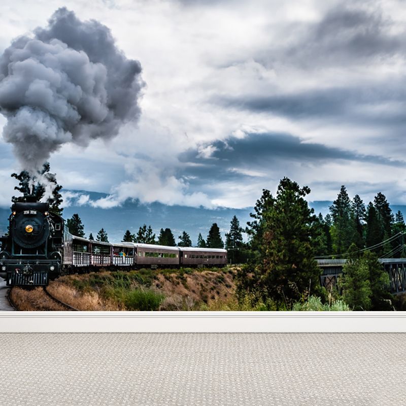 Non-Woven Texture Decorative Mural Decal Steampunk Onrushing Train Wall Covering