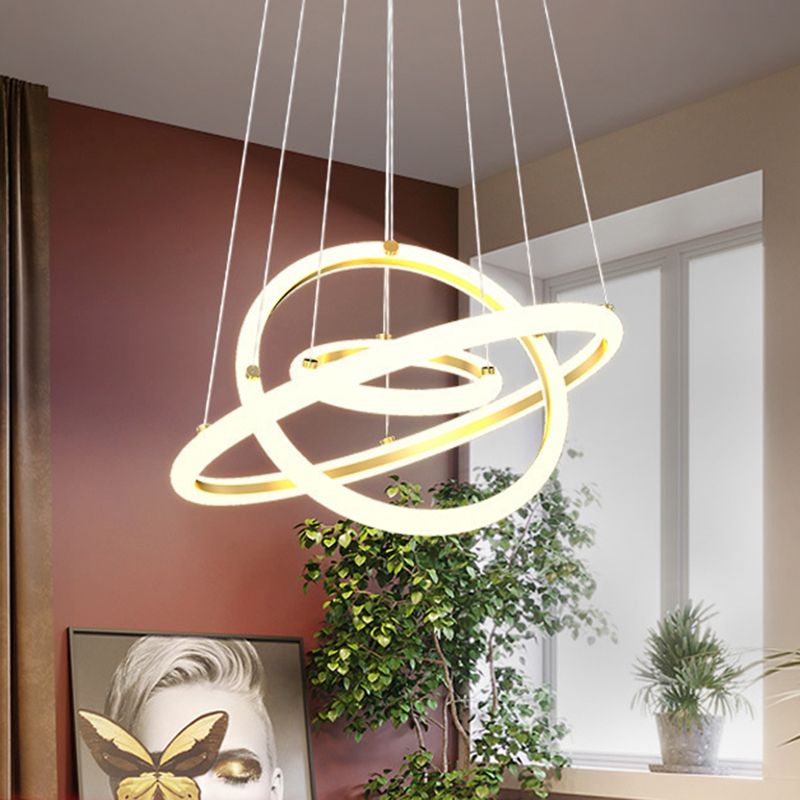 Gold Halo Ring Shaped Chandelier Artistic LED Acrylic Hanging Light Fixture over Table