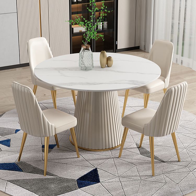Scandinavian Sintered Stone Table Set of 5/7 with White Round Table Dining Set with Leather Chairs