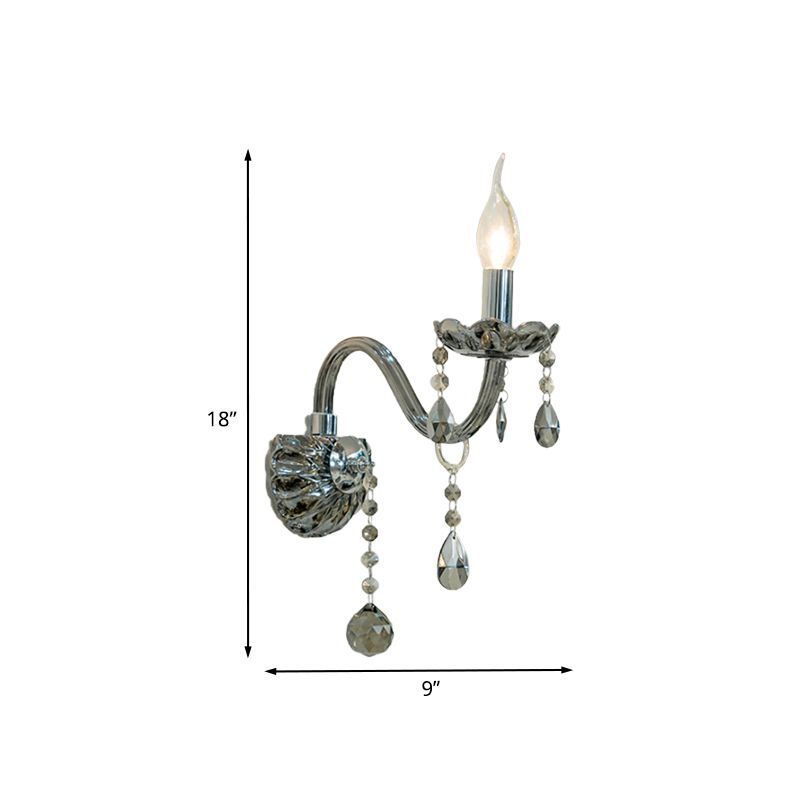 Crystal Teardrop Smoke Grey Wall Sconce Candlestick 1/2-Bulb Traditional Wall Mount Light