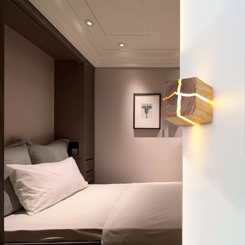 Log Color 1-Light Wall Lamp in Modern Minimalist Wooden Square Wall Light for Bedroom