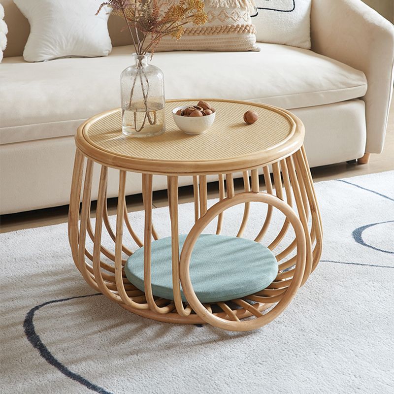 Asian Drum End Table Round Rattan Accent Side Table with Storage