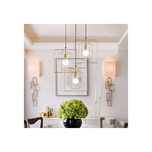 Frame Squared Metal Pendant Lighting Vintage Industrial 3 Lights Dining Room Hanging Ceiling Light in Gold