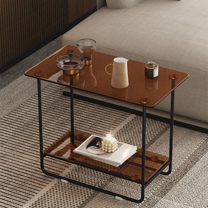 Rectangle Glass Top Side Table 21.65" Tall Metal Sled Base End Table with Shelf