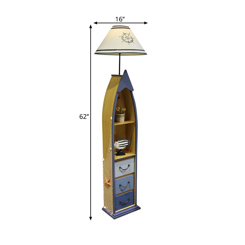 Conical Fabric Floor Lighting Kid 1-Bulb White/Yellow/Wood Ship Standing Lamp with Shelf and Drawer