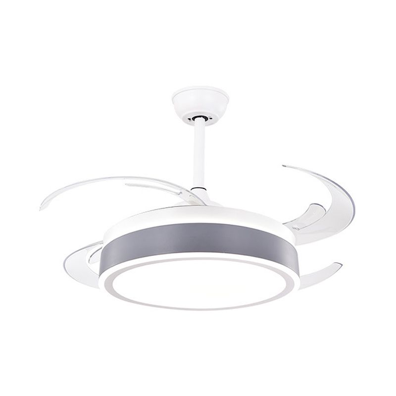 Metal Round Hanging Fan Light Simple Modern 4 Blades LED Semi Flush Mounted Lamp in Grey/Pink/Blue for Dining Room, 47" Wide