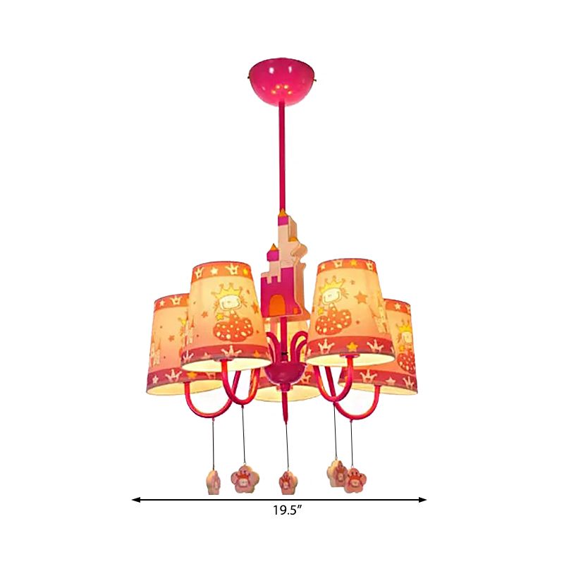 5 Lights Castle Chandelier with Princess Kids Metal Hanging Light in Pink for Girls Bedroom