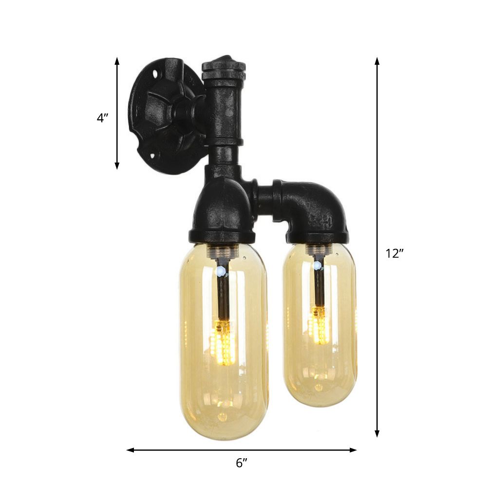 Amber Glass Black Sconce Light Capsule 2 Light Industrial Wall Mounted Pipe Light for Living Room