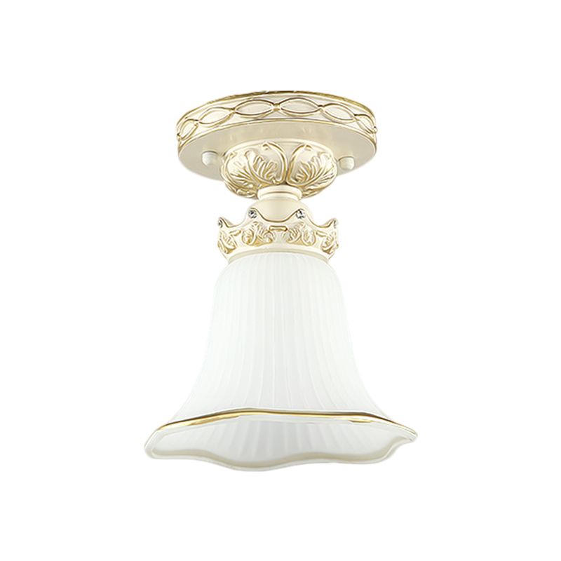White 1 Head Flush Mount Light Vintage Milky Glass Ridged Flower Ceiling Fixture with Crown Design
