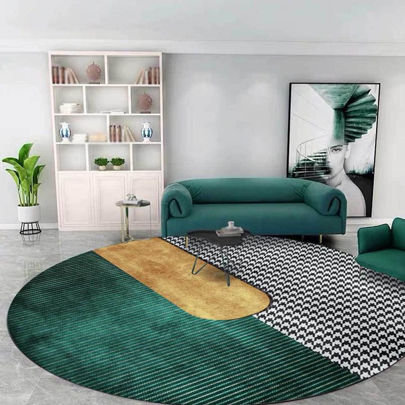 Green Living Room Rug Modernism Houndstooth Pattern Rug Polyester Washable Anti-Slip Backing Pet Friendly Carpet