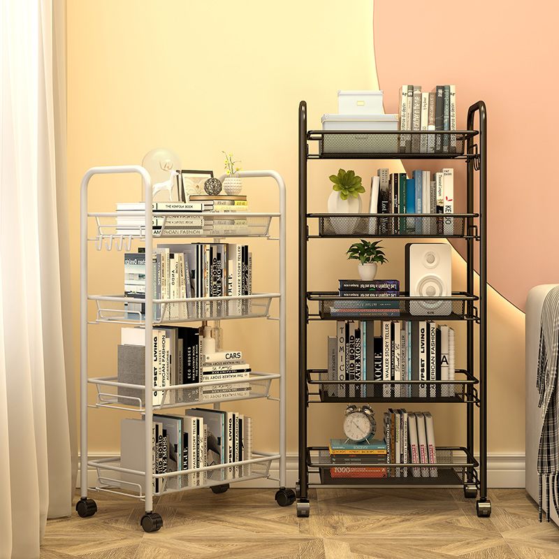 Modern Style Bookshelf Open Back Metal Bookcase with Caster Wheels for Home