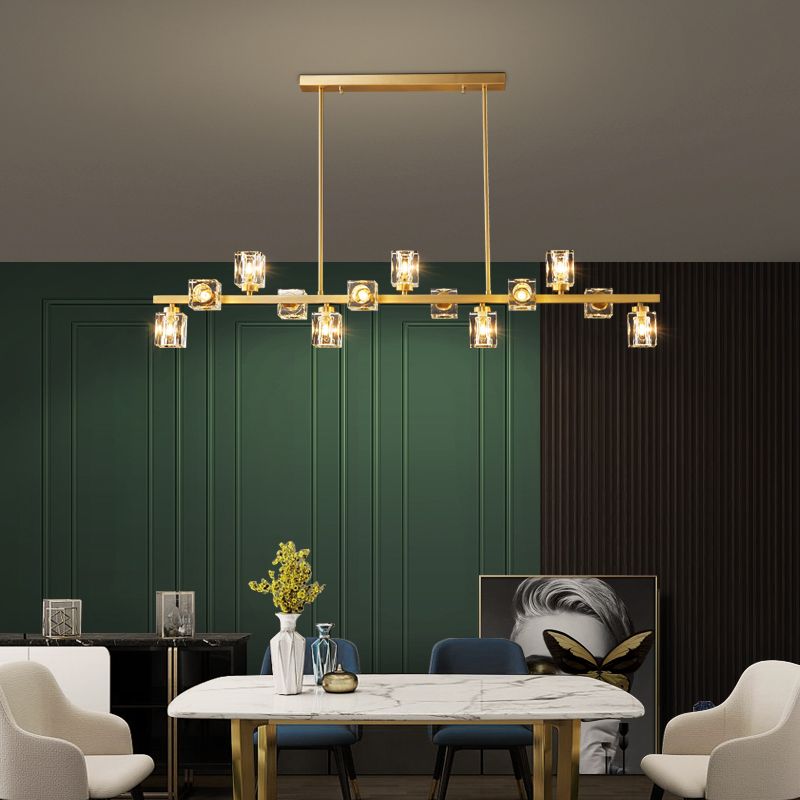 Contemporary Island Light Fixture Crystal Cube Island Lights in Gold for Kitchen