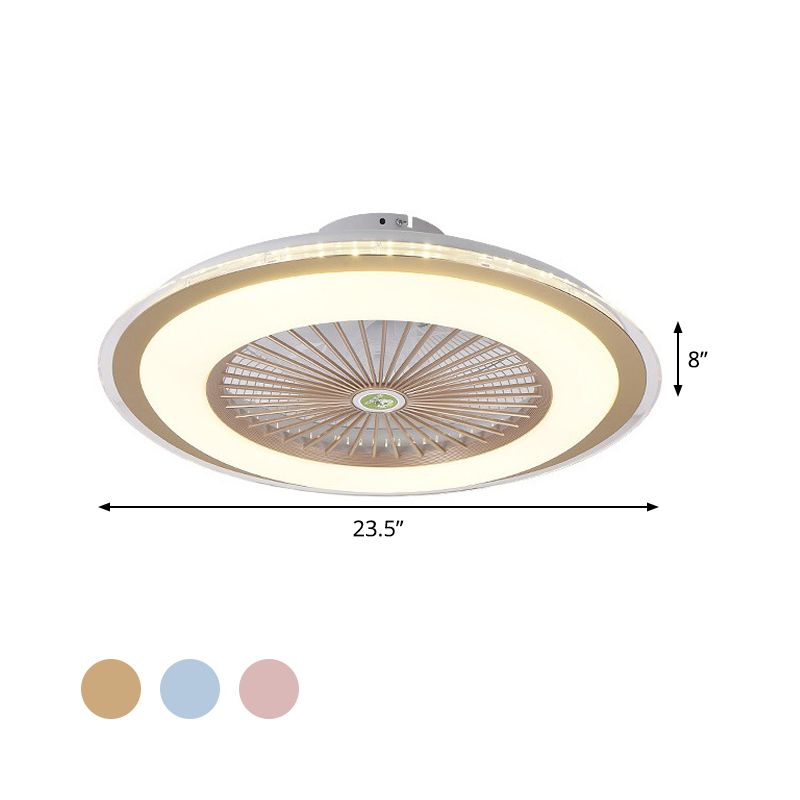 23.5" W LED Circle Hanging Fan Lamp Simple Pink/Blue/Gold Finish Acrylic Semi Flush Mount Lamp with 5 Clear Blades