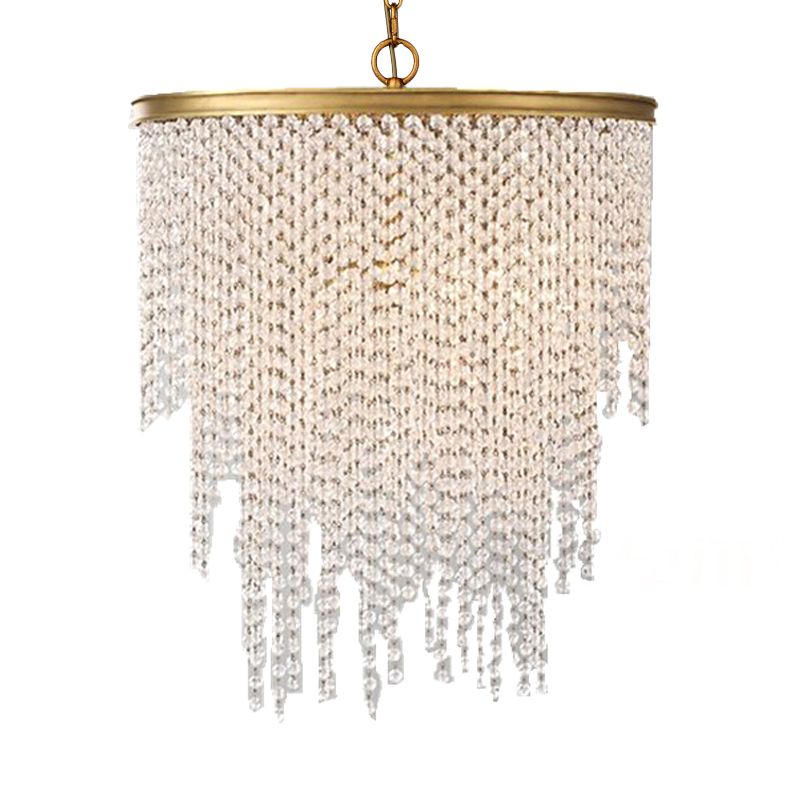 5/6 Lights Waterfall Chandelier Light Rural Brass Crystal Suspension Pendant for Bedroom