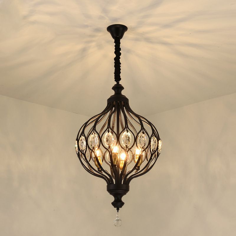 Modern Lantern Metal Pendant Light 4/5 Light Chandelier Light in Black/Brass with Faceted Crystal Accent