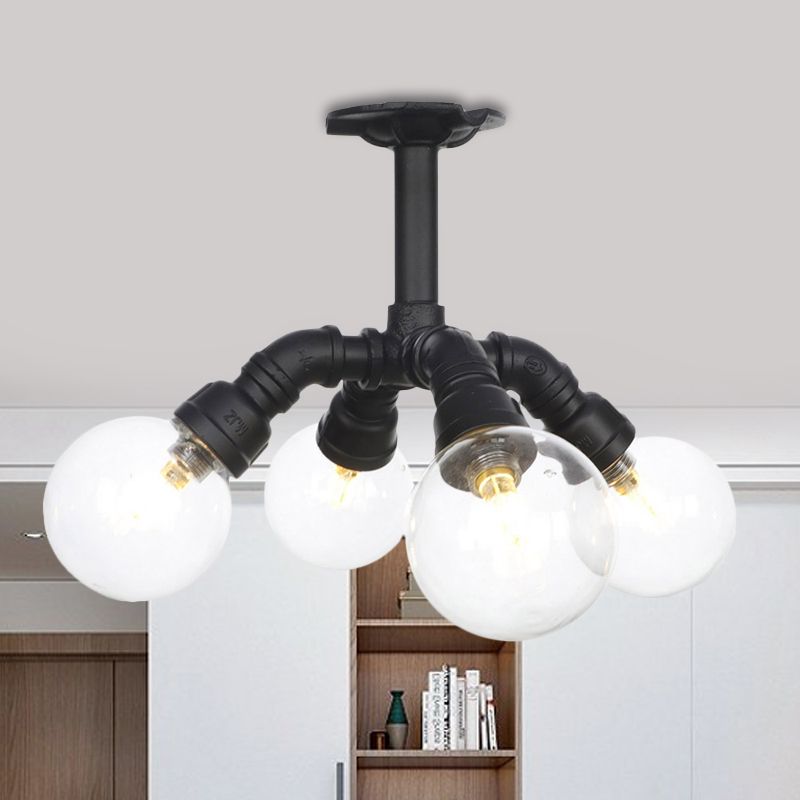 Black 4/5/6-Head Semi Flushmount Antiqued Clear Glass Ball LED Close to Ceiling Lighting