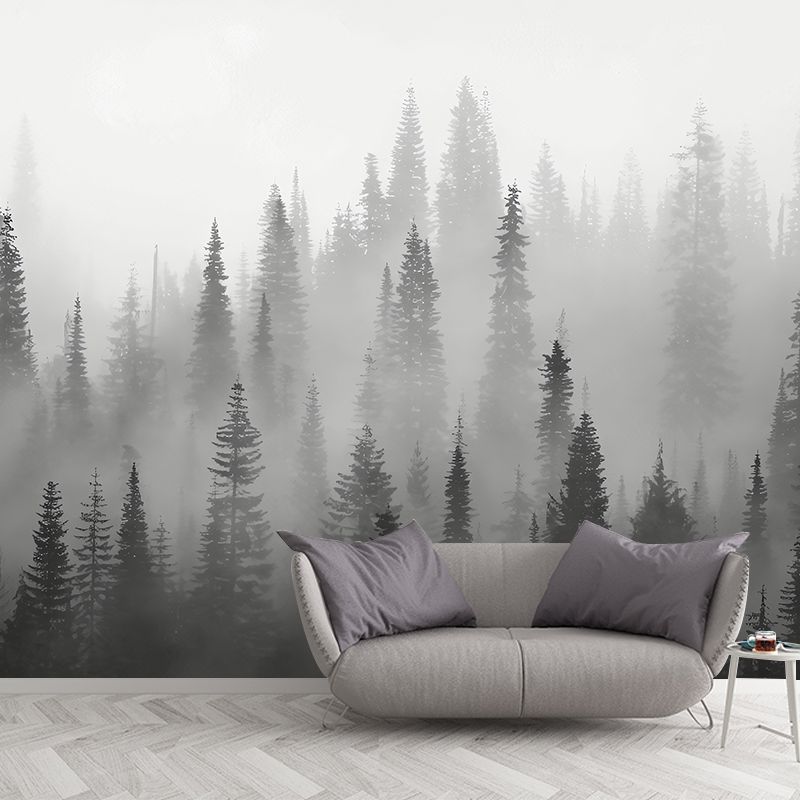 Enormous Misty Trees Wall Mural in Grey Non-Woven Wall Covering for Home Decor, Custom-Printed