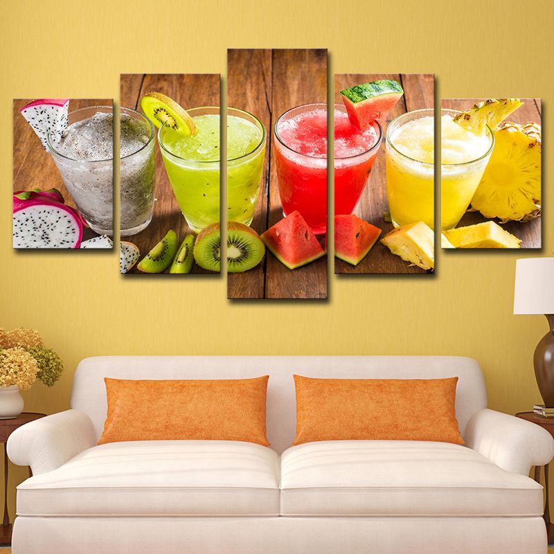 Modern Cups of Juice Art Print Canvas Multi-Piece Red and Yellow Wall Decor for Kitchen