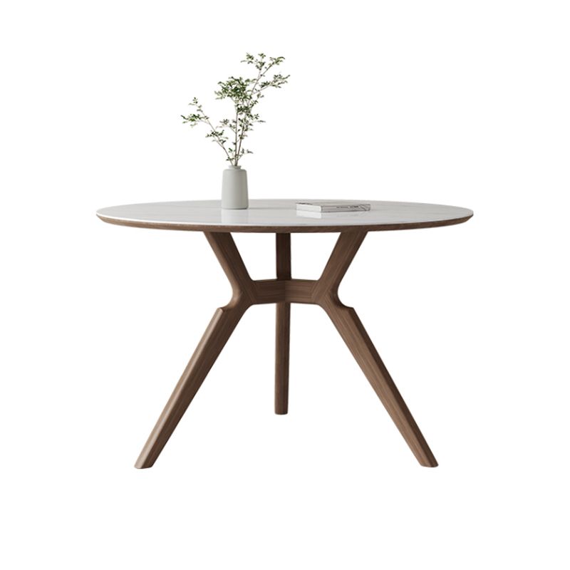 Contemporary Round White Stone Dining Table with Solid Wood Trestle